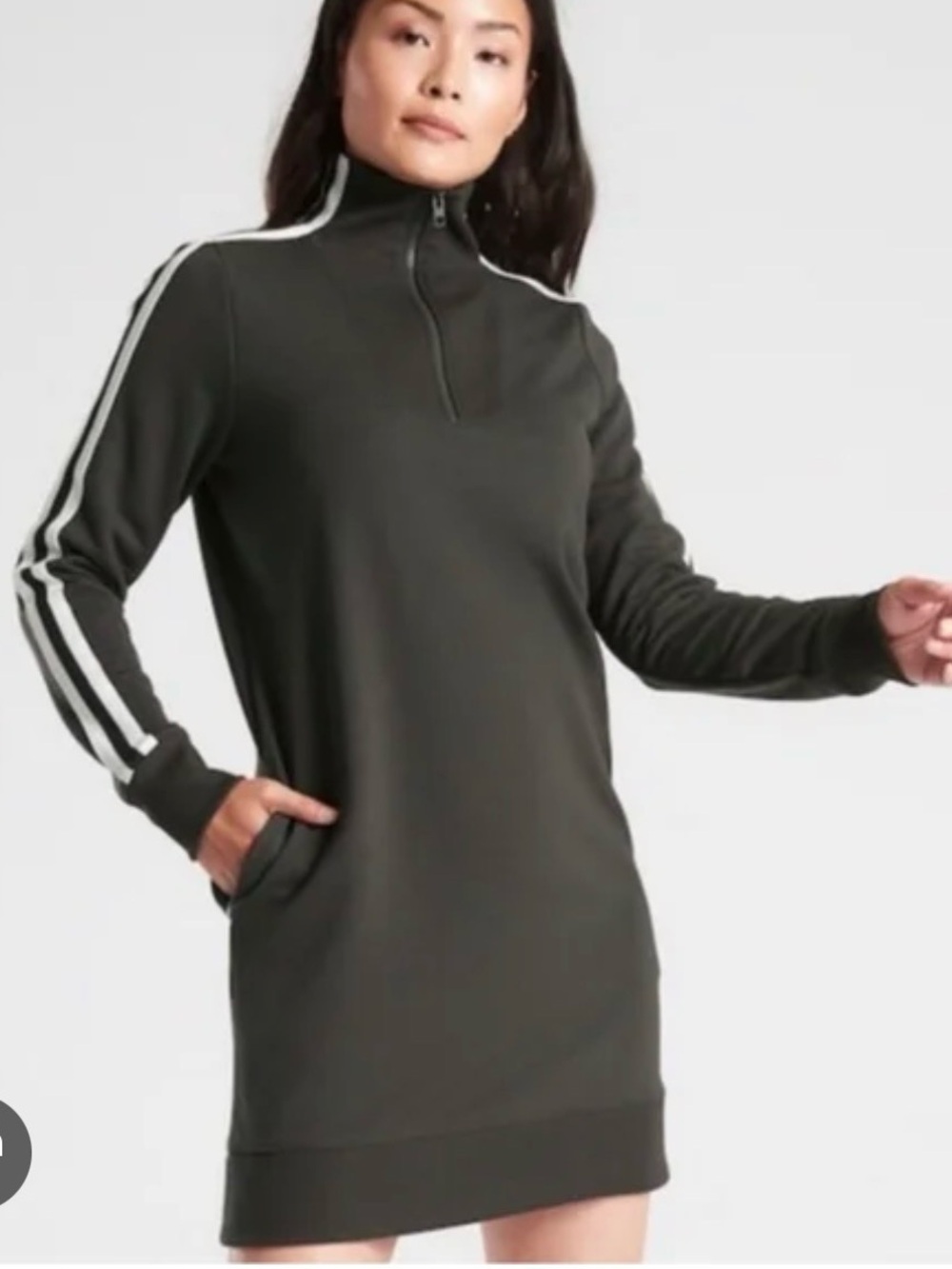 Athleta Women's Black Quarter Zip-Front Sweatshirt Dress with Stripe Sleeves |XS